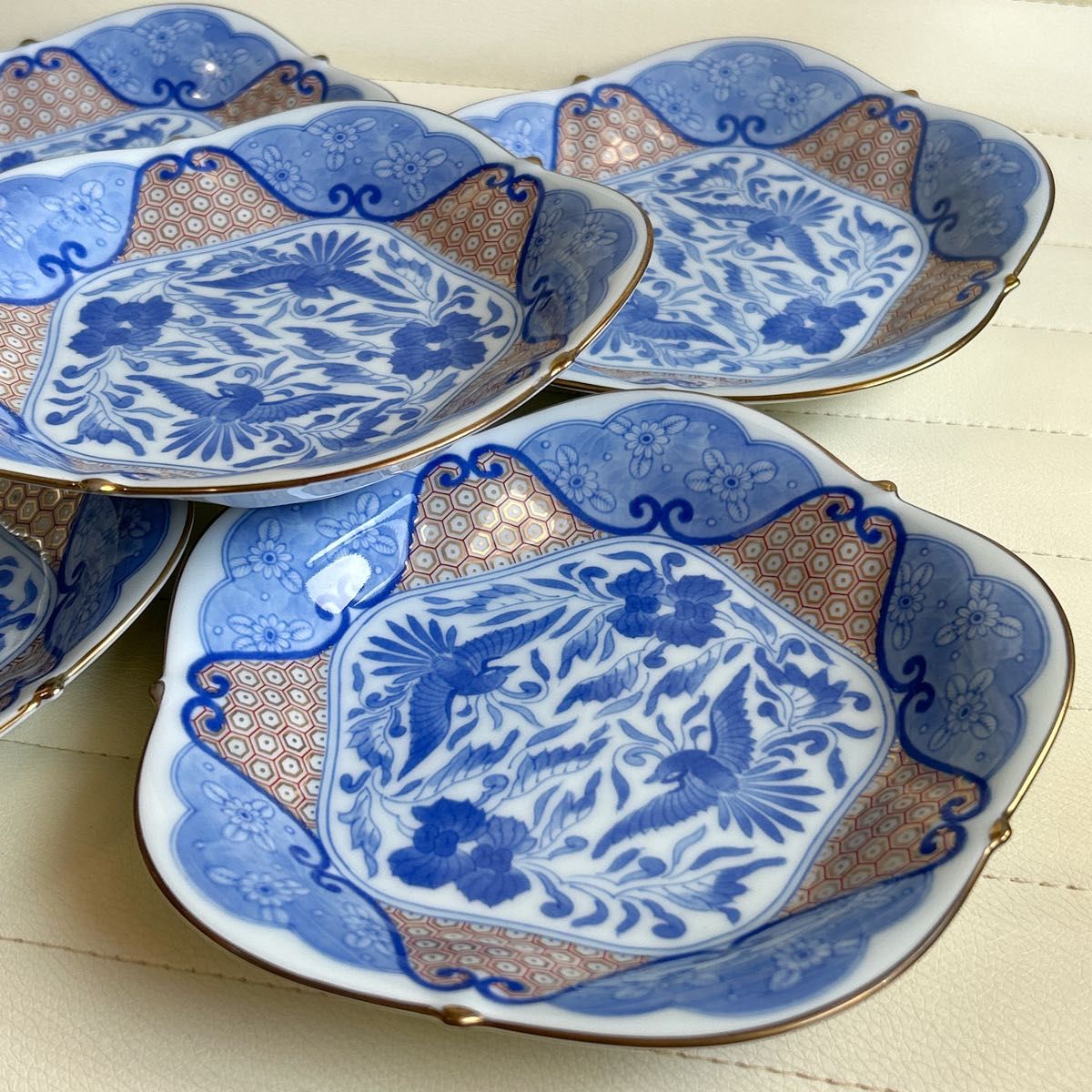 有田焼 西山窯 金彩古伊万里 和皿揃 5枚セット 七宝 中皿 銘々皿 染付