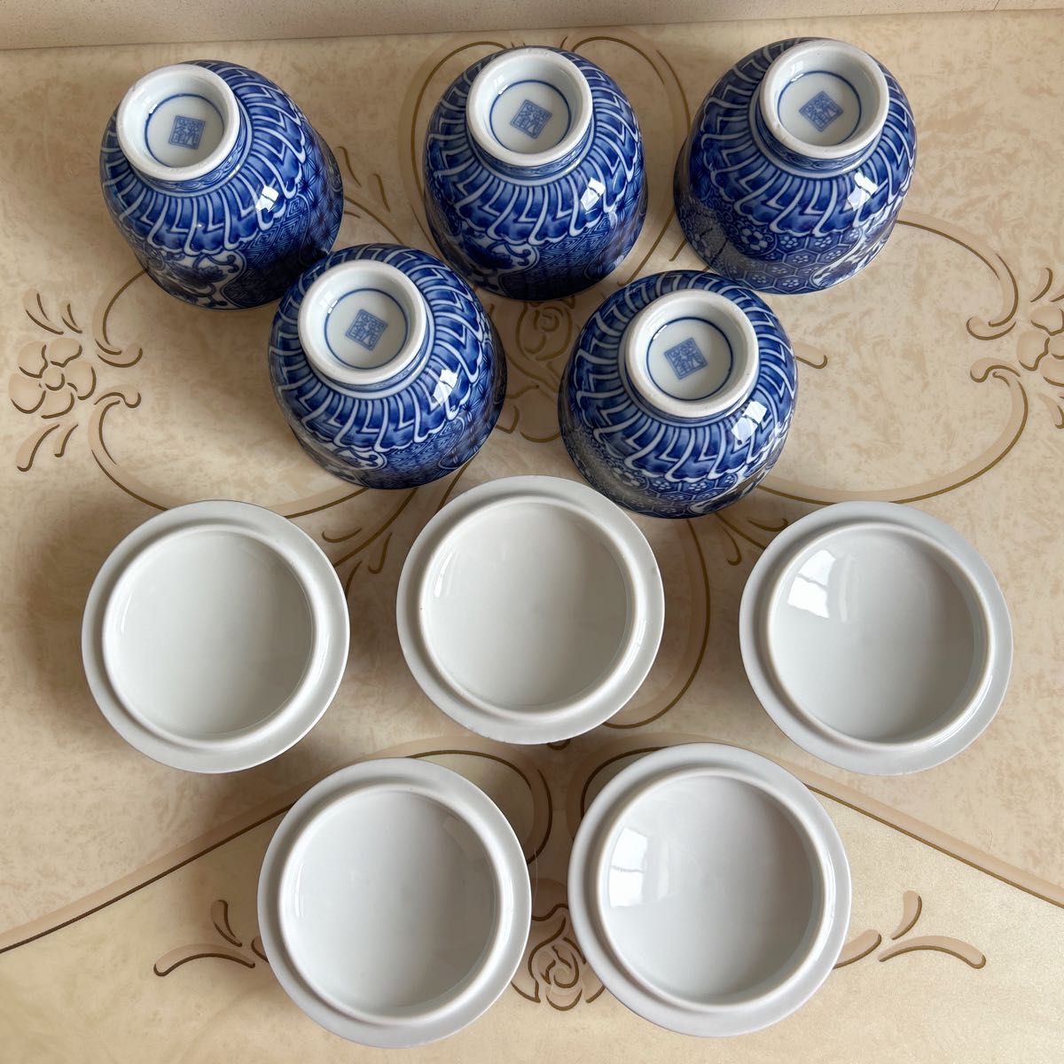 三洋陶器 龍峰窯 染付 ネジリ祥瑞 蓋付き湯呑み揃 5客 茶器セット