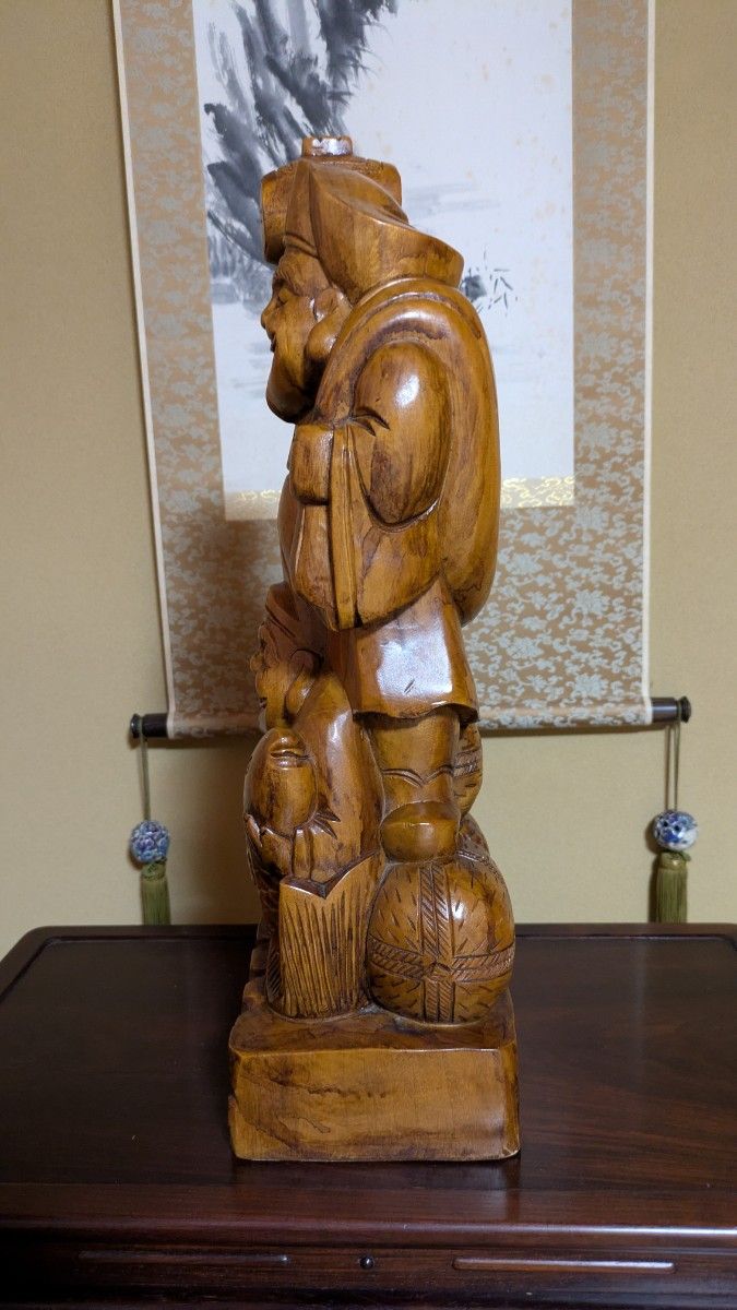 大黒様 恵比寿様 木彫り置き物 開運 金運 七福神 縁起物一刀彫大型