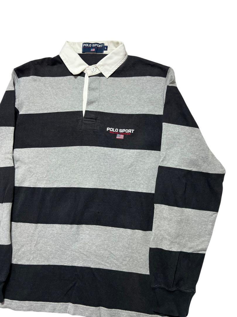 希少デザイン】ポロスポーツ ラガーシャツ 90s ボーダー ロゴ 刺繍 L