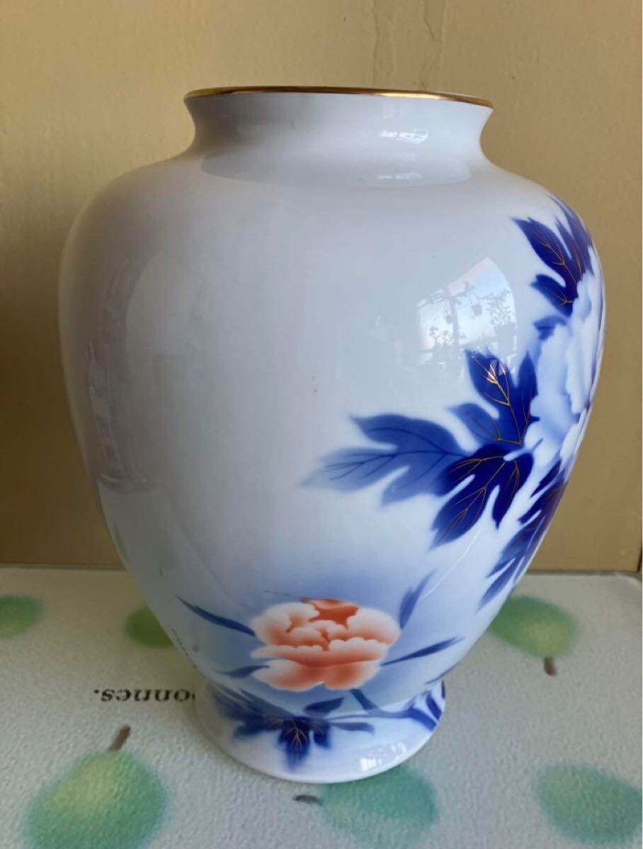 昭和レトロ 深川製磁 花瓶 宮内庁御用達 染錦牡丹 紅白牡丹 大輪牡丹