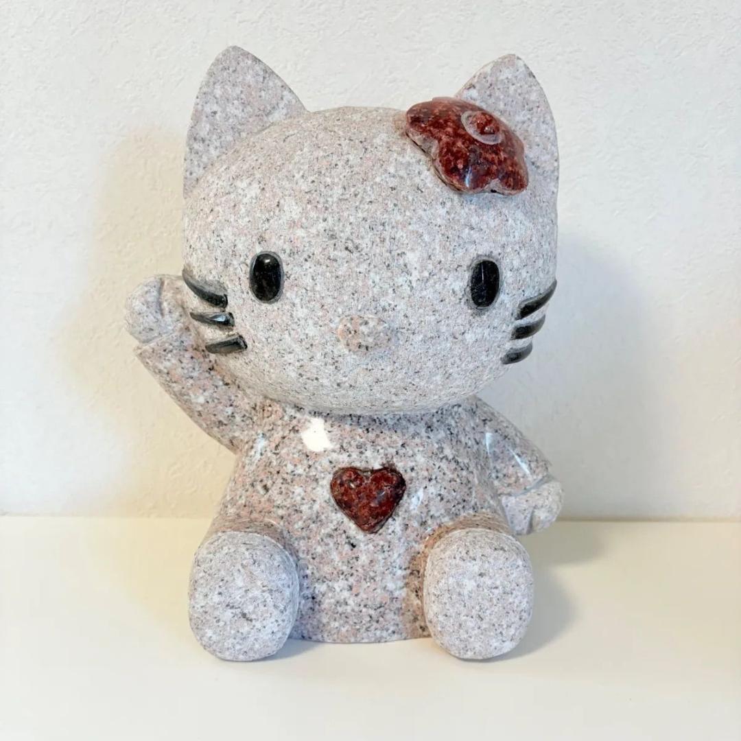 ハローキティ石像 御影石 高級 縁起物 置物 招き猫 桜色 割引 オブジェ