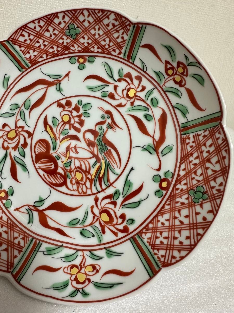 未使用 平安橘吉 たち吉 呉須赤絵 花鳥絵図 金彩 輪花中皿 和皿 銘々皿
