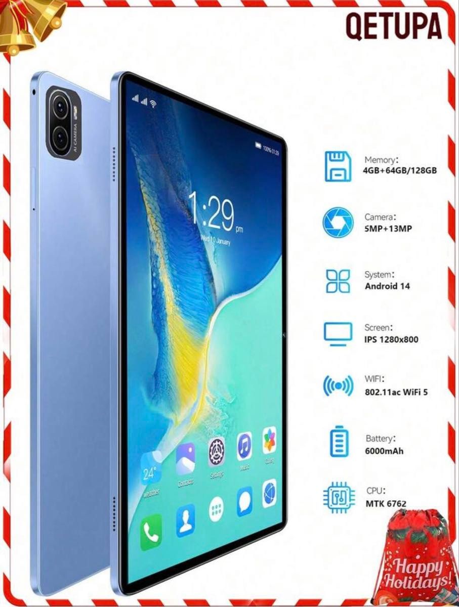 Qetupa 10 1インチ Pad 5 Pro Android 14 タブレット 4GB RAM+64GB