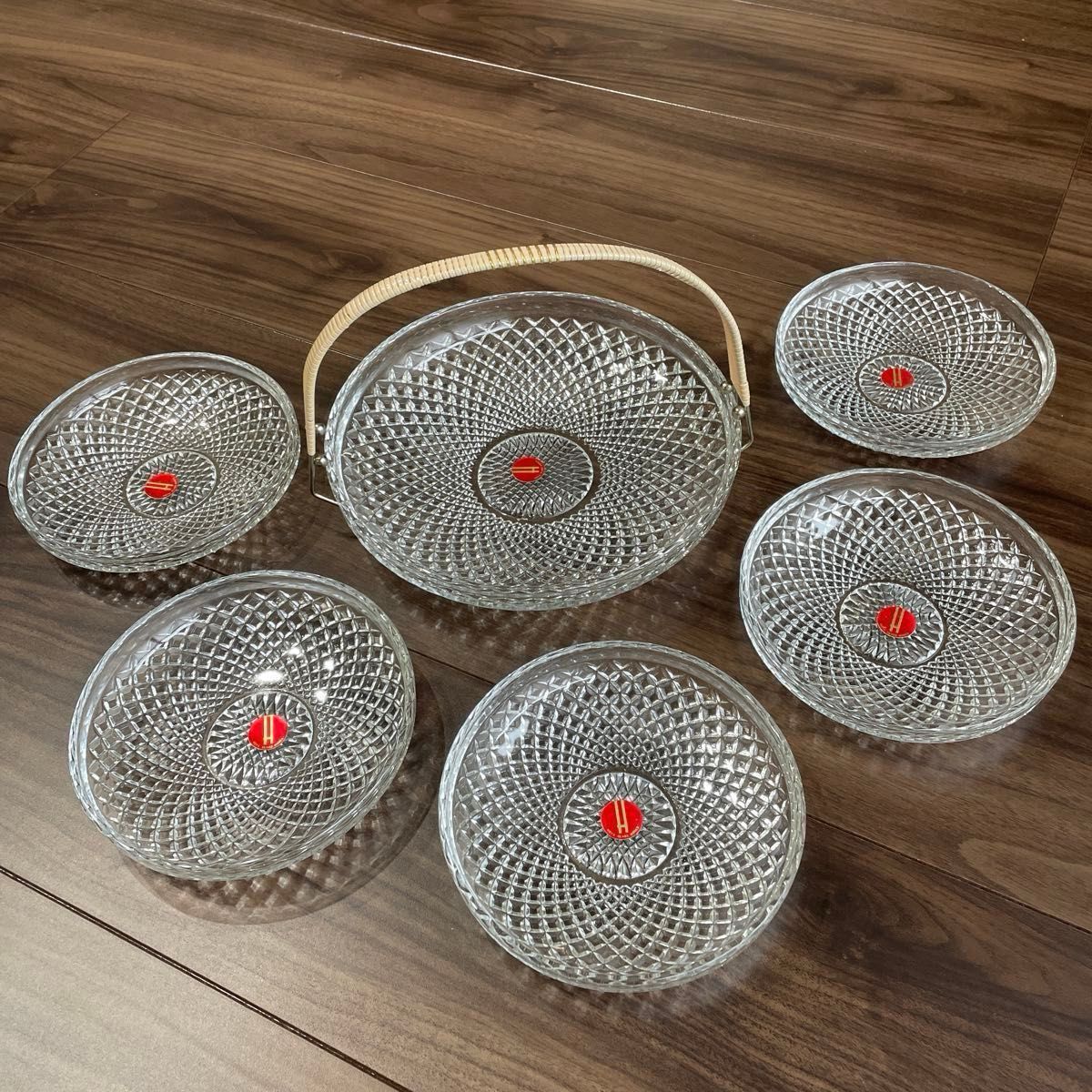 新品】Hoya クリスタルガラス 持ち手付きバスケット＆小皿5枚セット