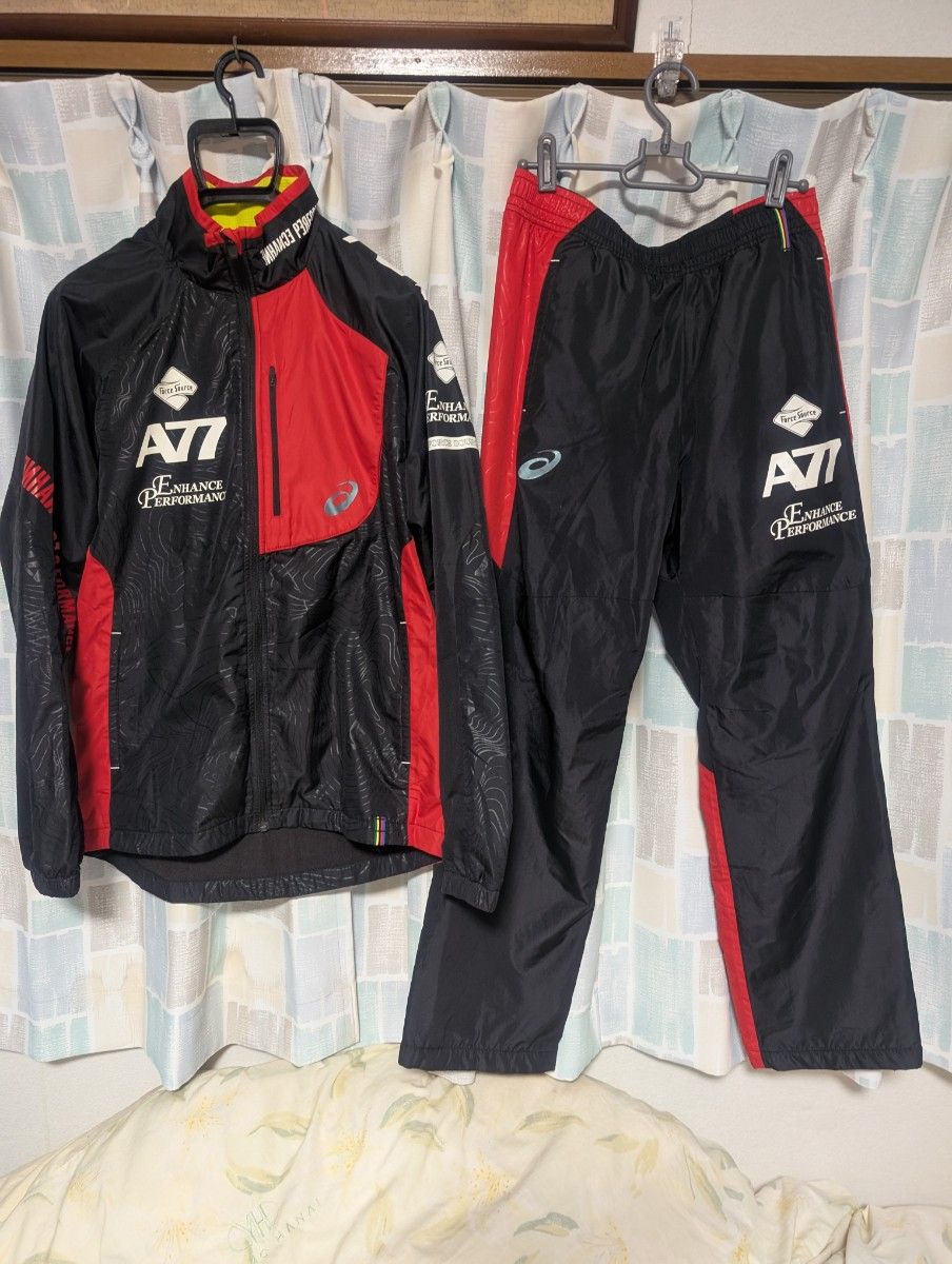 asics アシックス A77 ウィンドブレーカー上下セットアップ 黒赤 上L下