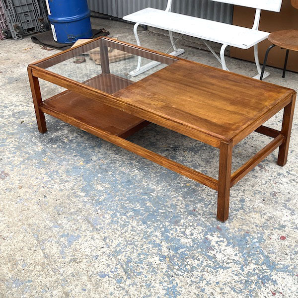 関西限定 ガラスセンターテーブル 木製テーブル ビンテージ家具 ロー