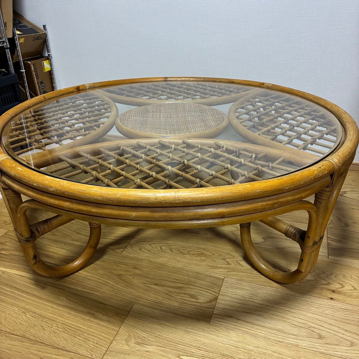 ラタン ガラステーブル 円形90cm ローテーブル 籐家具 丸テーブル 籐