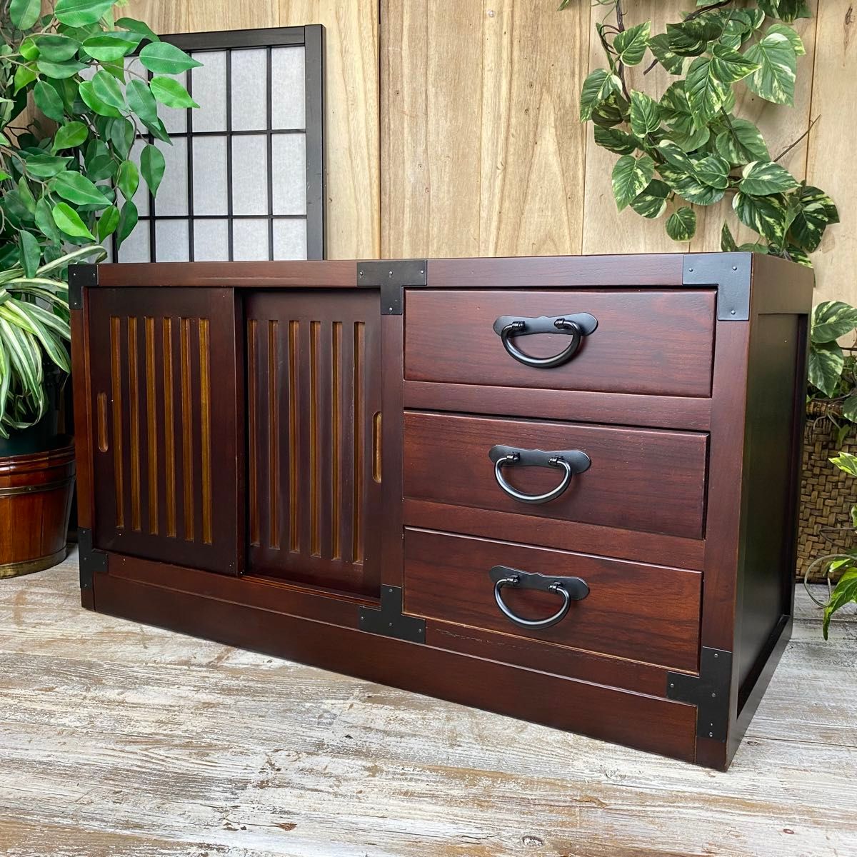 民芸家具木製和タンス飾り棚多引き出し引き戸付き収納家具 テレビ台 桐