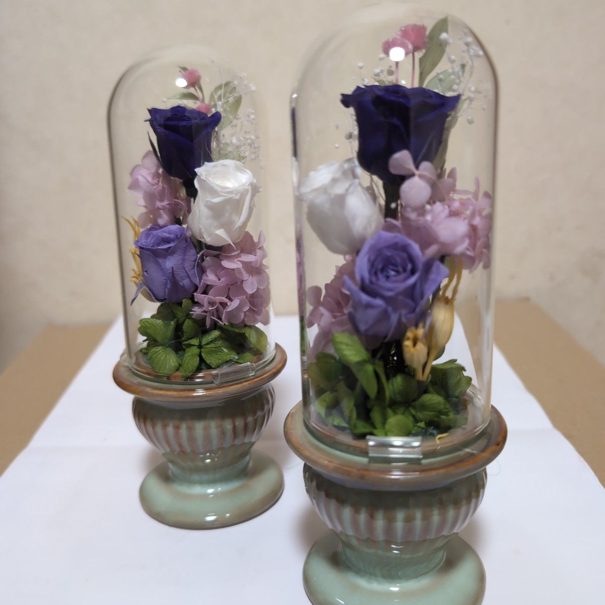 特選仏花 コンパクトサイズ ガラスドーム 一対 造花無し プリザーブド