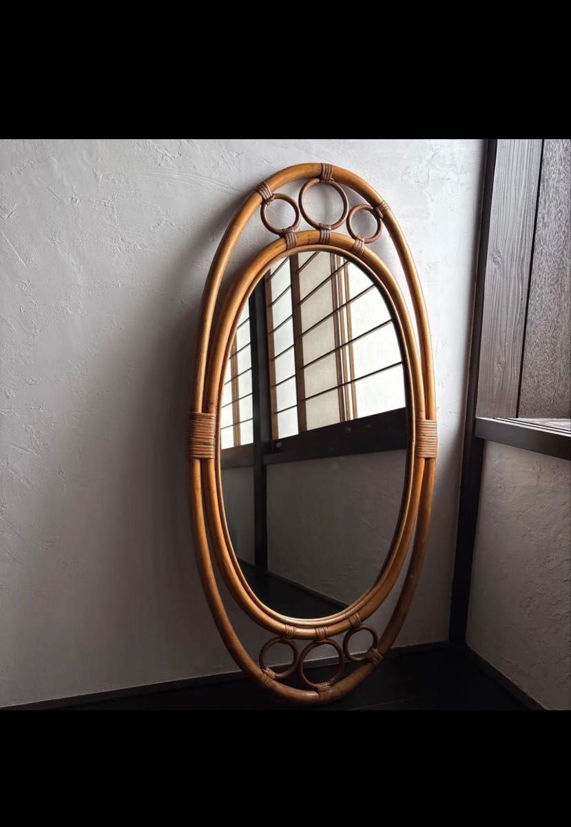 アンティーク ウォールミラー 籐 ラタン オーバル レトロ 古道具