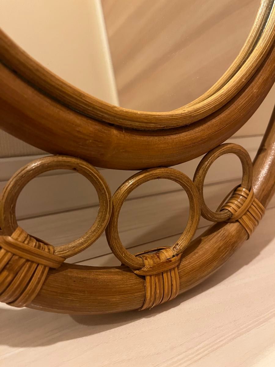 アンティーク ウォールミラー 籐 ラタン オーバル レトロ 古道具
