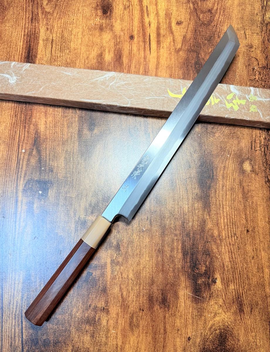 森本光一作 刺身 先丸 青一鋼 紋鍛錬 尺 紫檀白水牛八角柄 包丁｜Yahoo