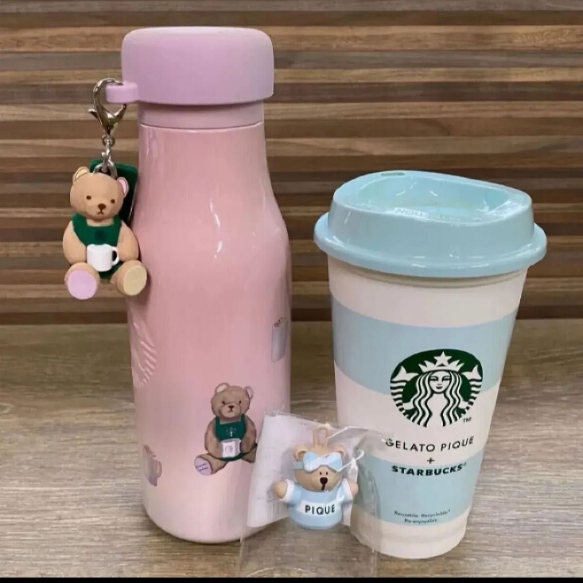 リッドカバーベアチャーム付きステンレスボトル ソフトピンク 473ml