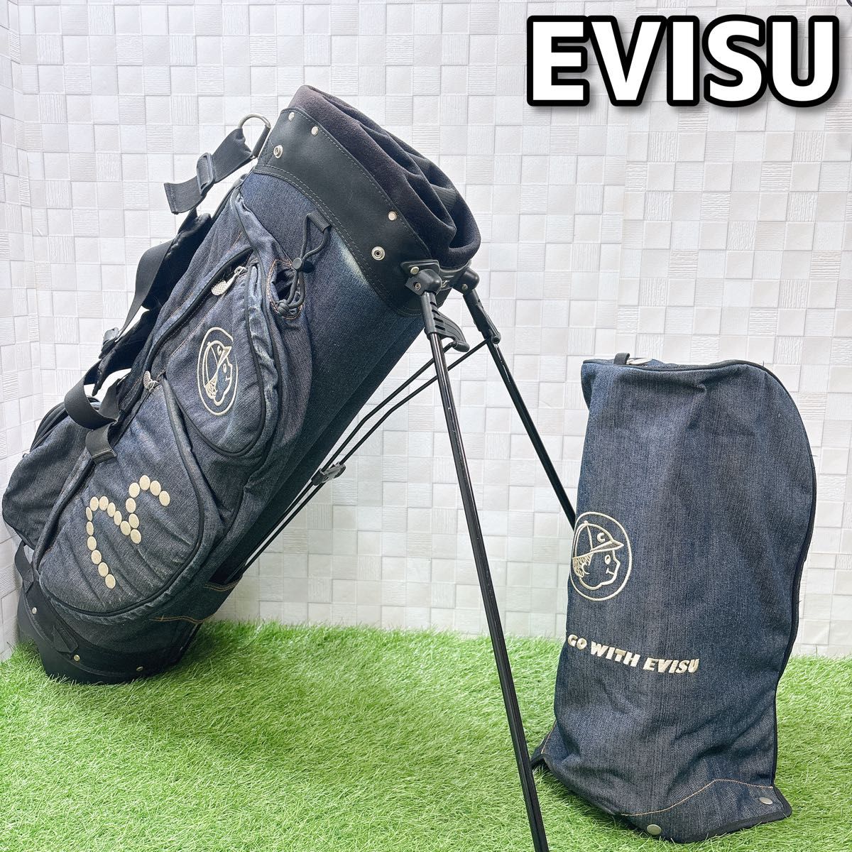 希少 エビス EVISU キャディバッグ スタンド式 デニム素材 芝生くん