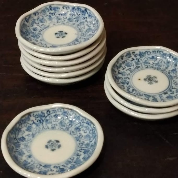 A1054 古伊万里、染付 微塵唐草 豆皿ちびちび 5枚セット A1054 古