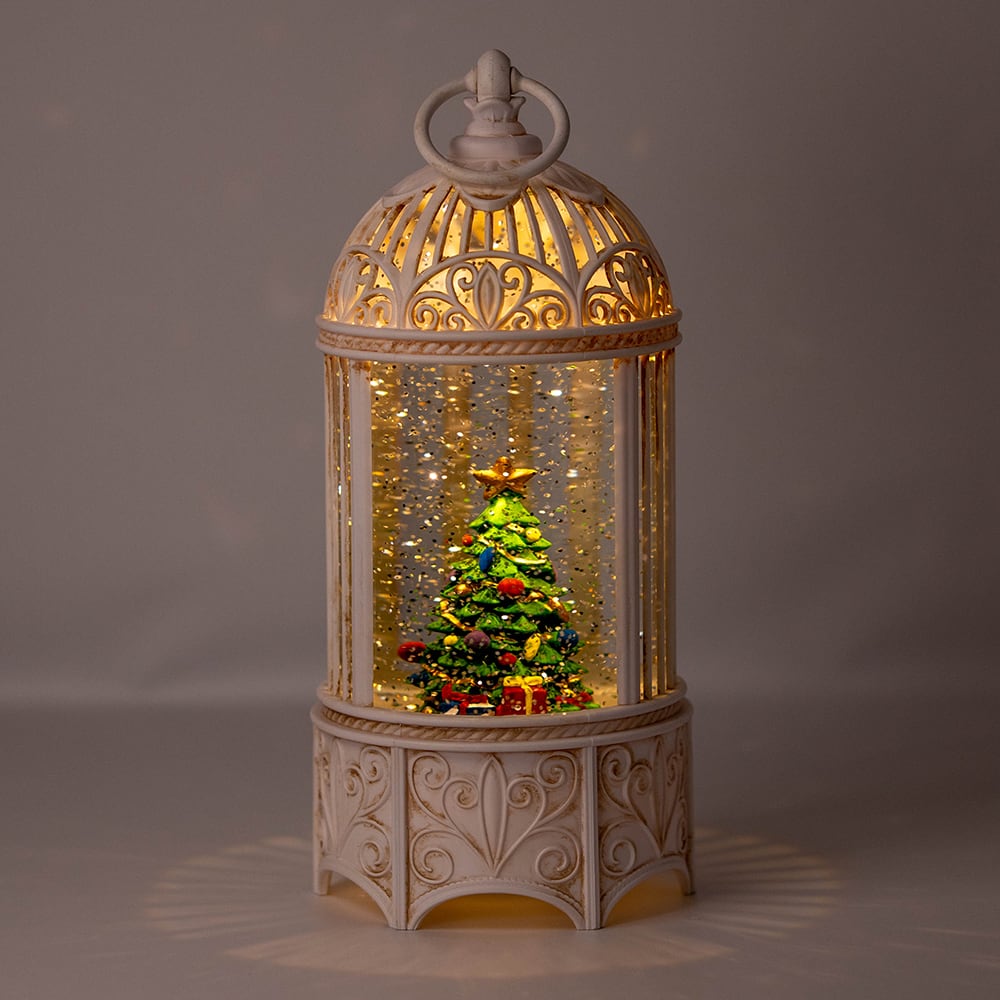 ホワイトランタン型クリスマスツリーLEDスノードーム(10284) | 一年中