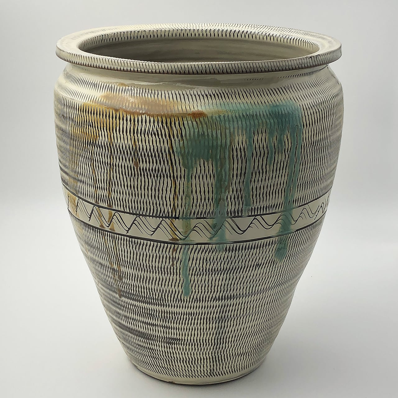 一点もの】小鹿田焼 小袋窯 尺3寸傘立て 飛びかんな 白 高さ約39cm