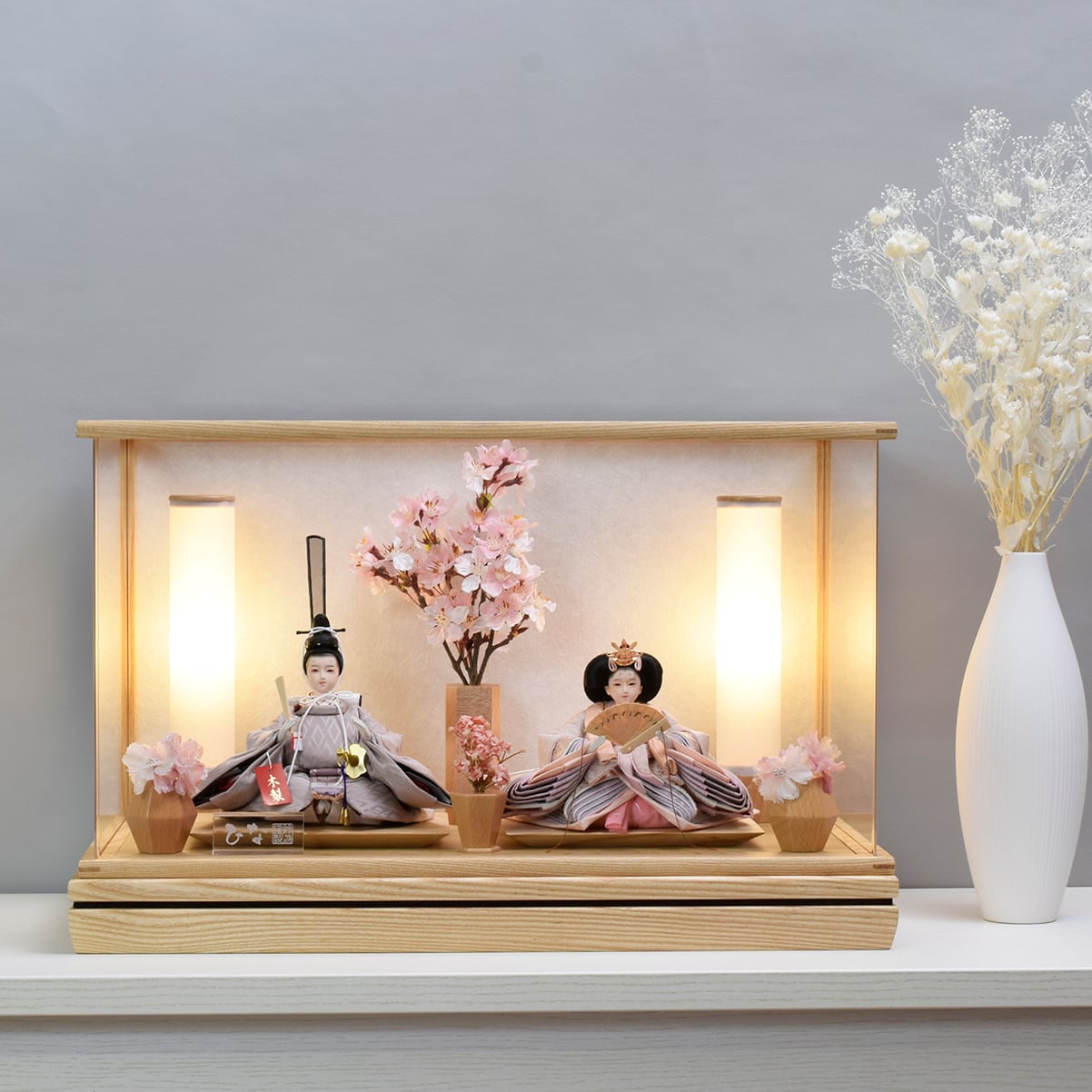 東京久月 雛人形親王五人飾りガラスケース入・間口約56×奥行