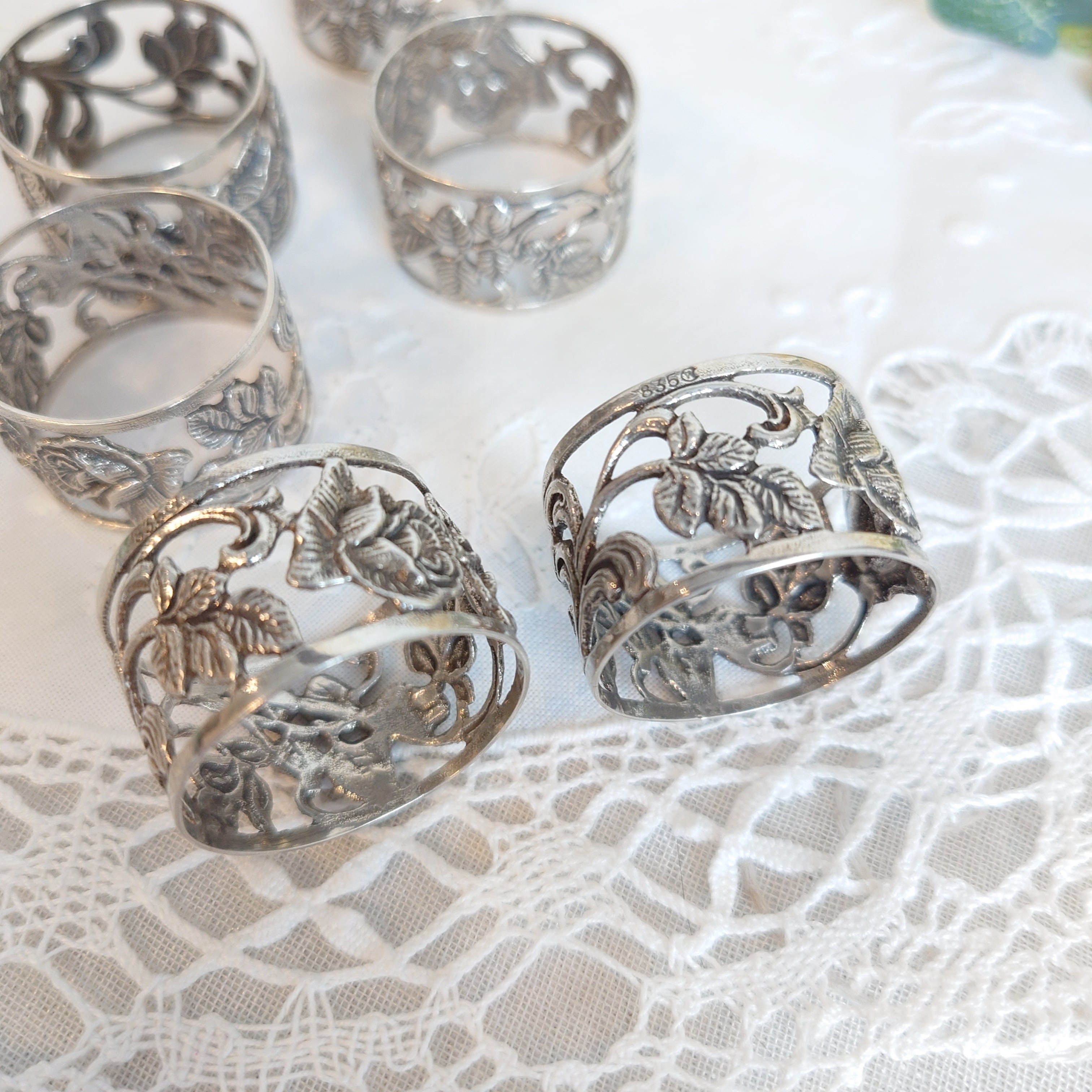 シルバー835.花と天使のナプキンリング 3個セット シルバー835.花と