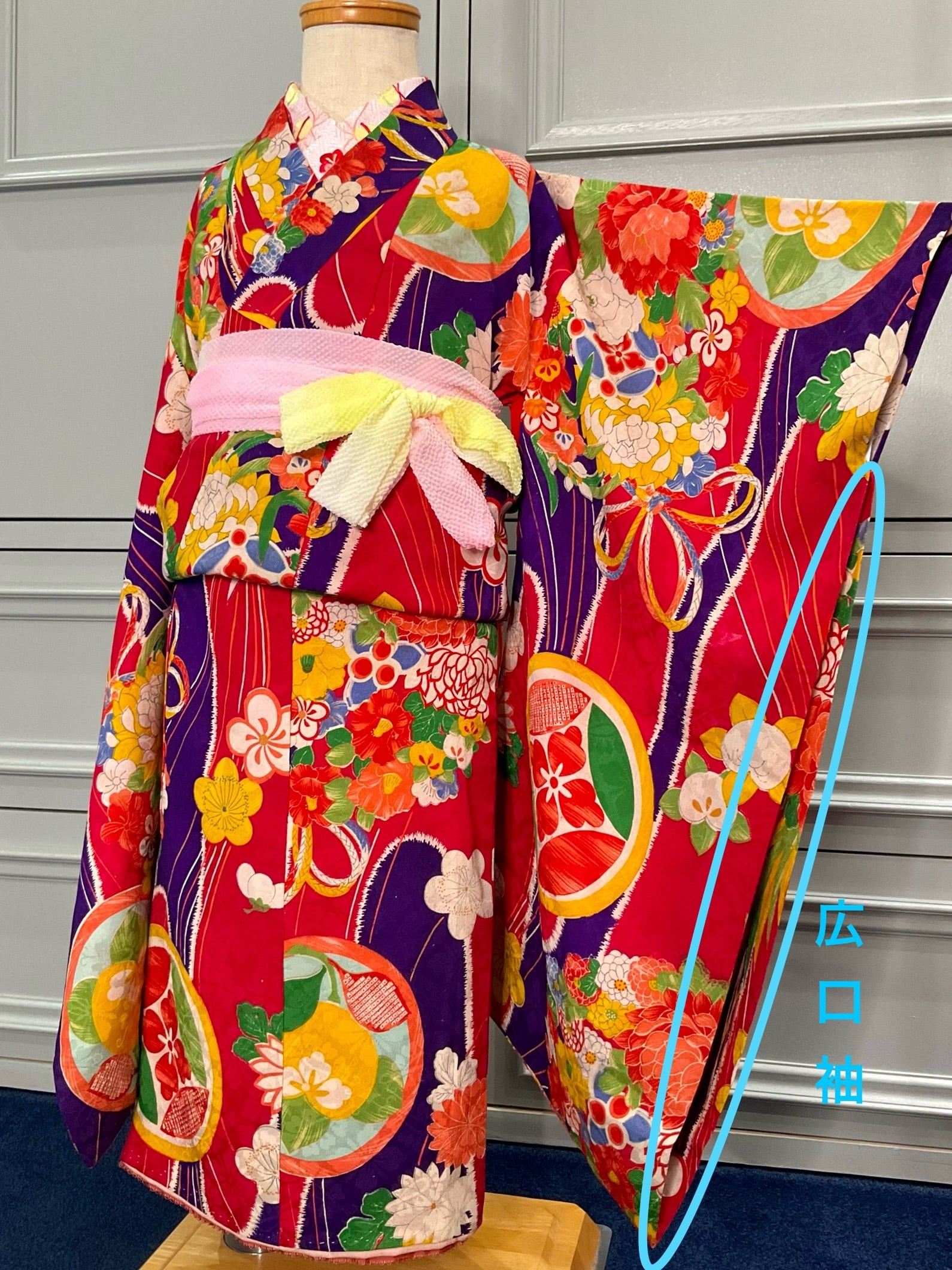 花薬玉と壺たれ＊三歳 七五三＊赤 紫 花 アンティーク子供着物 A809