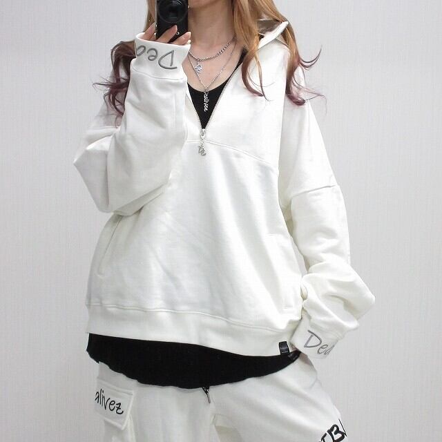 Dealivez】ALL刺繍 Wリングチェーン Dzチャーム付ハーフZIP 袖リブ刺繍