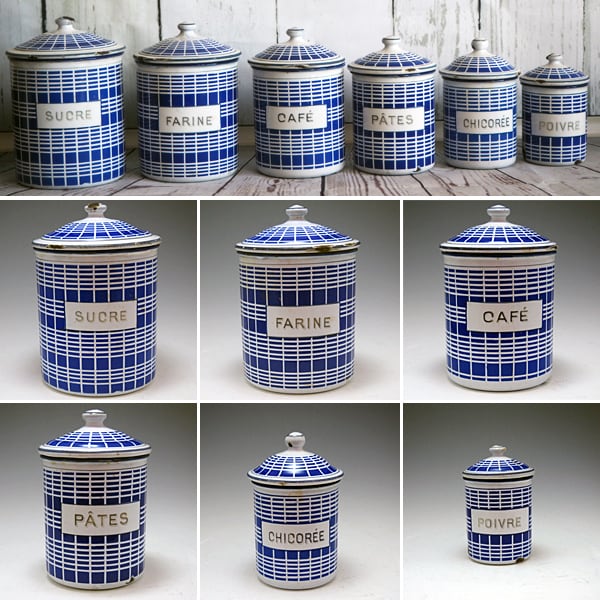 フランス アンティーク ホーロー キャニスター BB社 青ストライプ 6個
