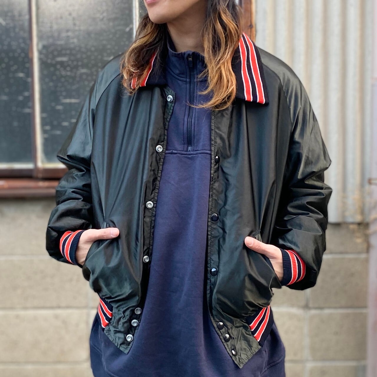 70〜80年代 ビンテージ DeLong デロング サテン 襟付き ナイロン