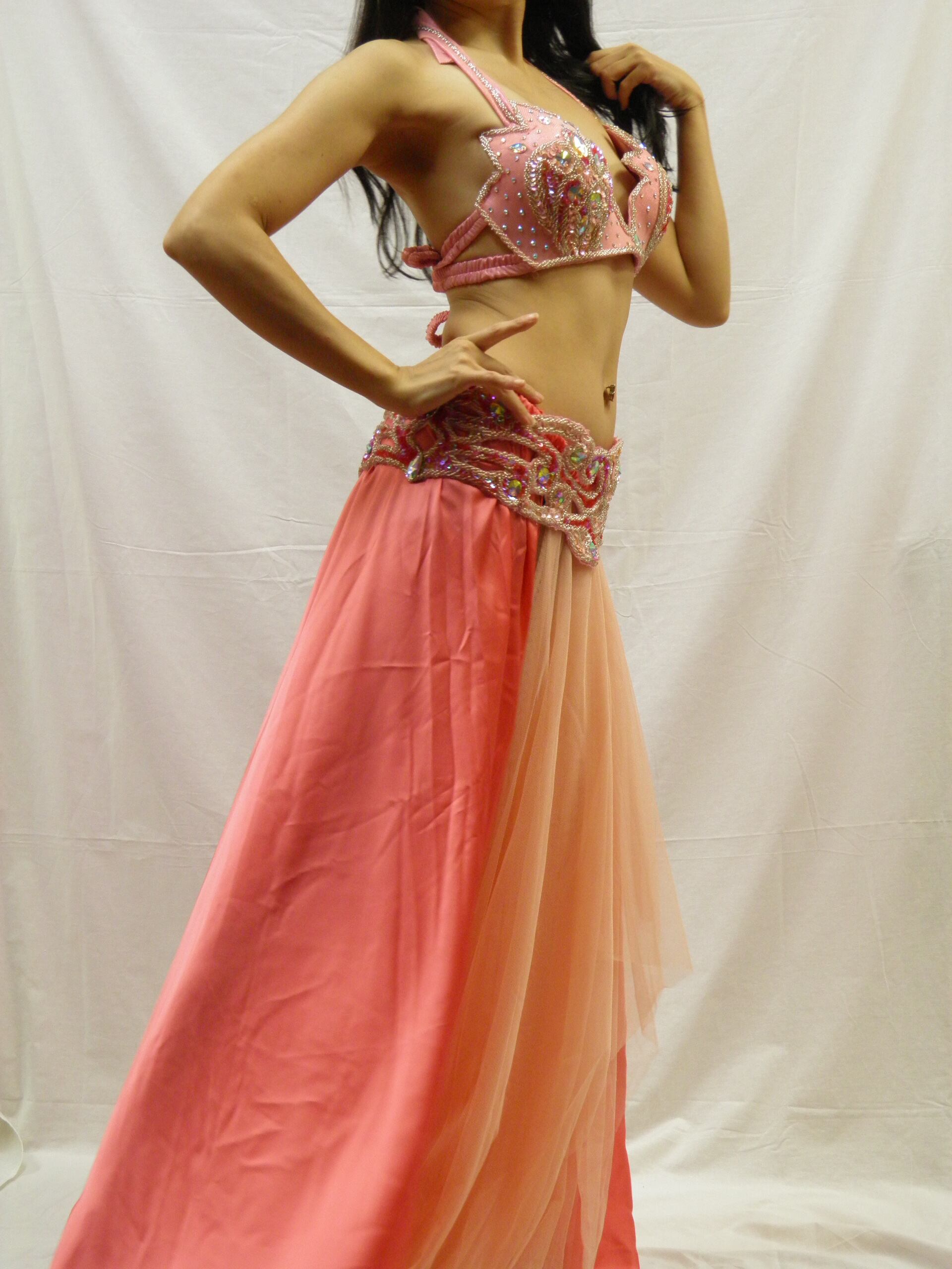 ベリーダンス衣装 ターキッシュスタイル ピンク ブラベルト、スカート