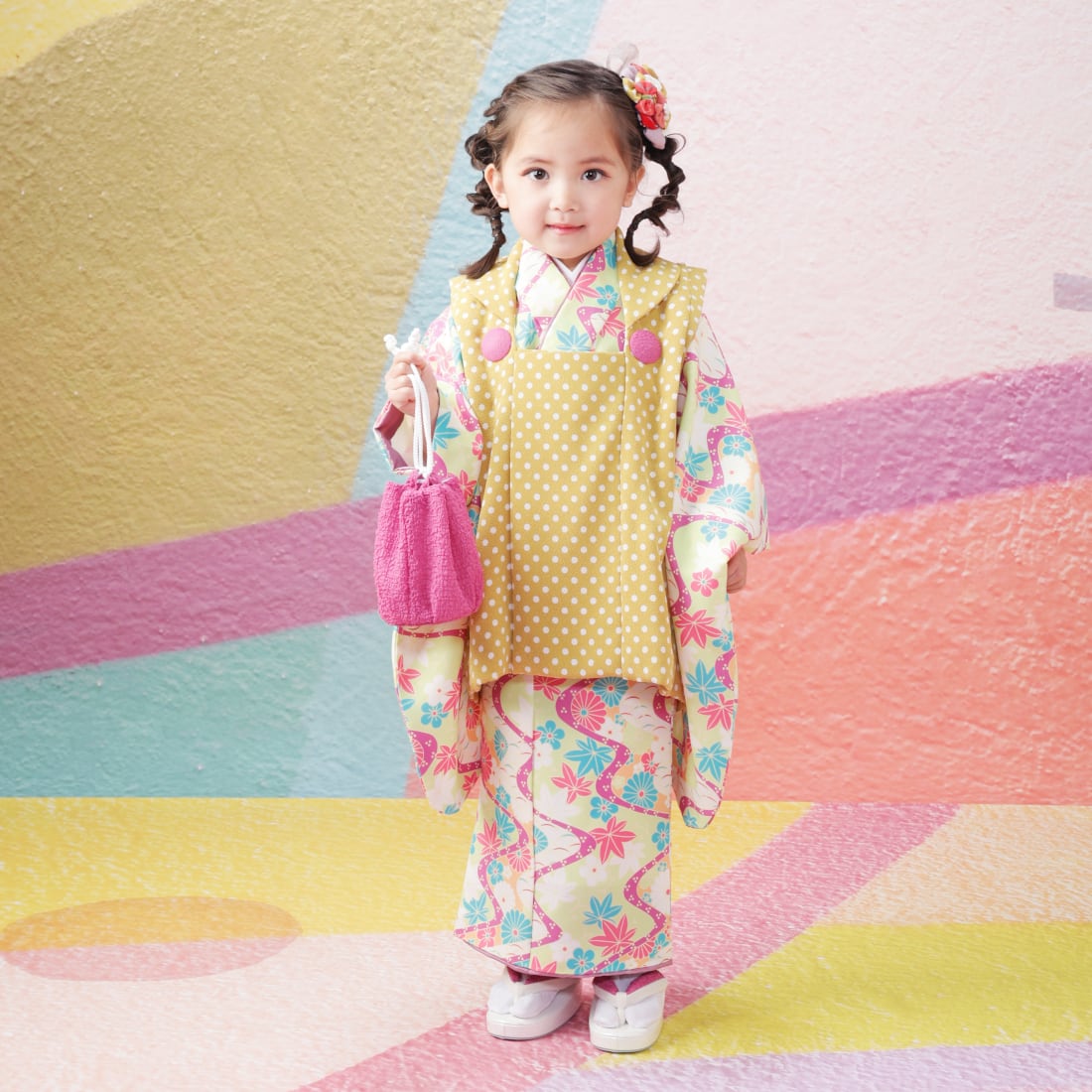 レンタル】七五三着物 2歳-小柄3歳 女の子 オリジナル 白 黄色 【V95
