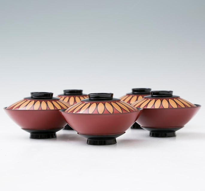 輪島塗 朱塗 吸物椀 煮物椀 懐石道具 茶道具 笹文 葉文 剣先 モダン