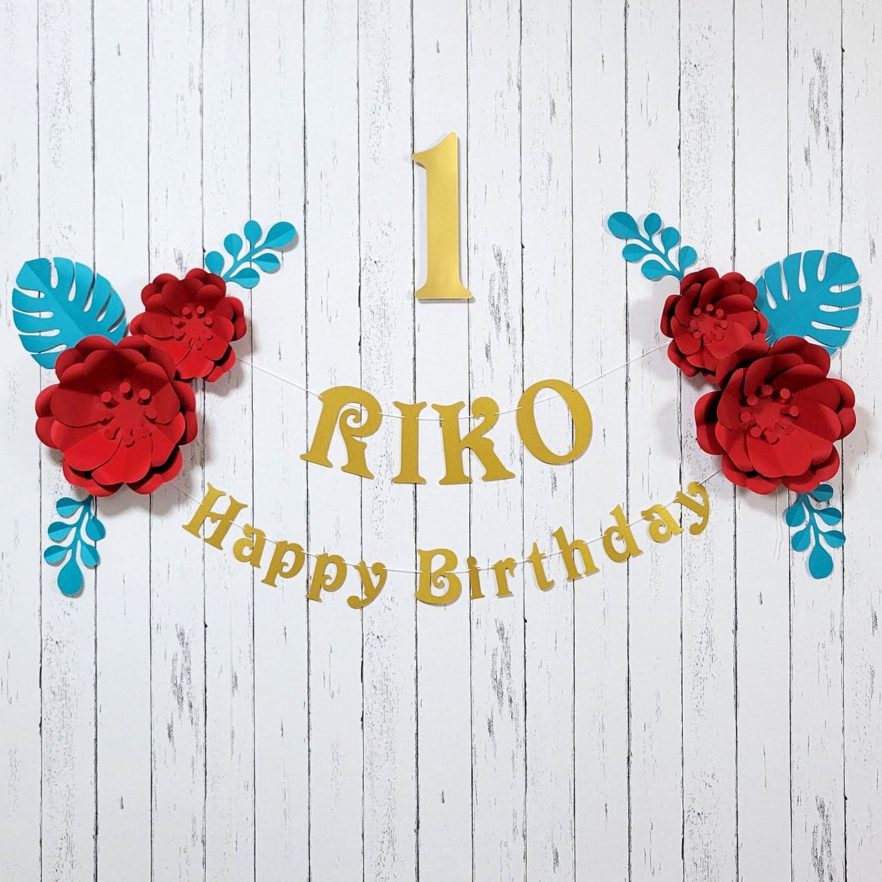 ボタニカルなフラワーアーチの1歳誕生日飾り付けセット（レッド