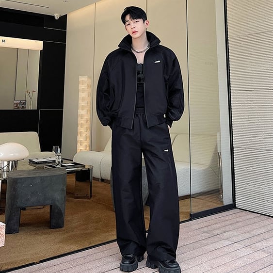 予約販売】メンズ セットアップ 上下 ジャージ スエット 長袖 無地 黒