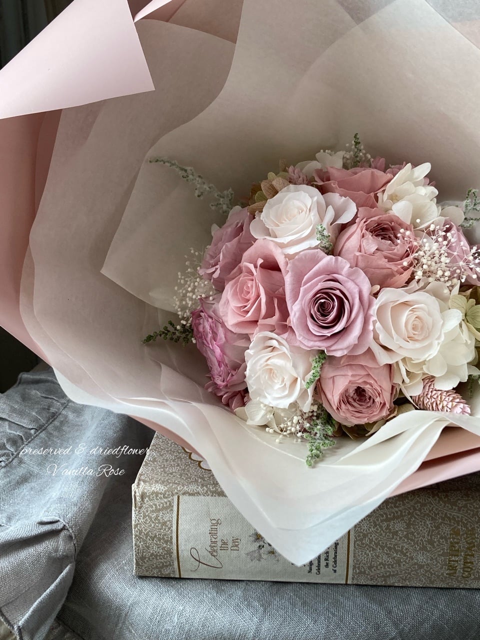 ラッピング花束/プリザーブドフラワー/ピンクシャンパン/花束ブーケ