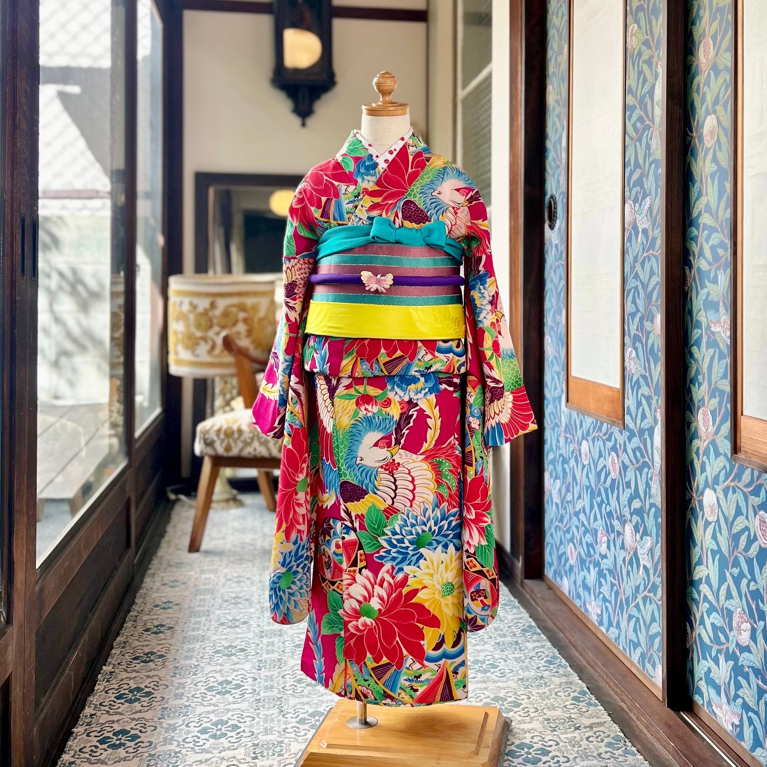 華と鳳凰＊7歳 七五三 ピンク 水色 鞠 鳥 ダリア 牡丹 菊 アンティーク