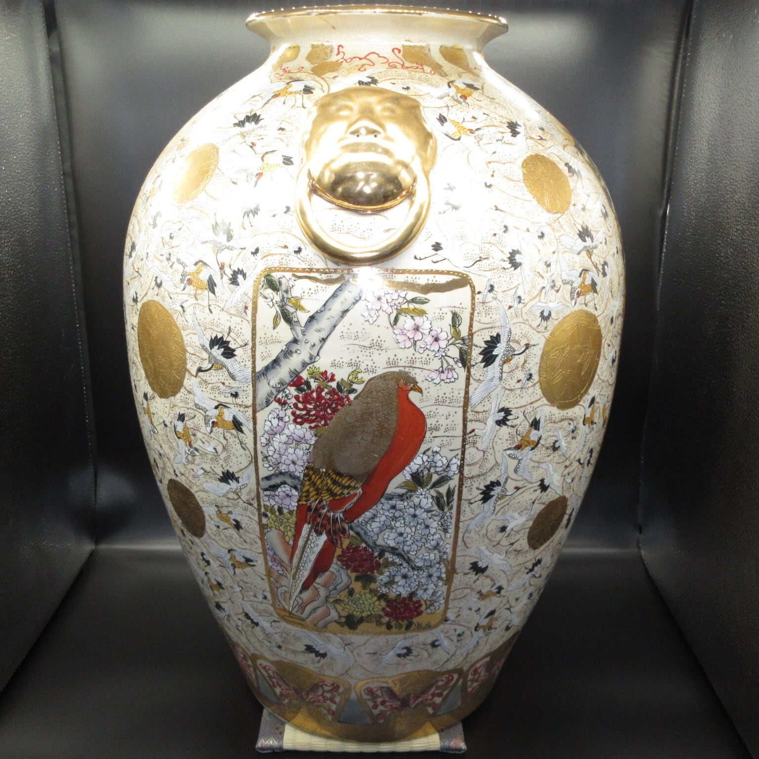 薩摩焼 薩摩焼 、金襴手 郡鶴花鳥図花瓶 約60飾壷 花器 細密絵付