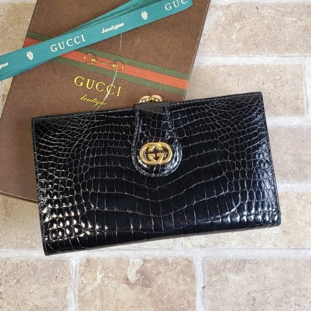 訳有未使用 オールドグッチ ☆ クロコレザー がま口 長財布