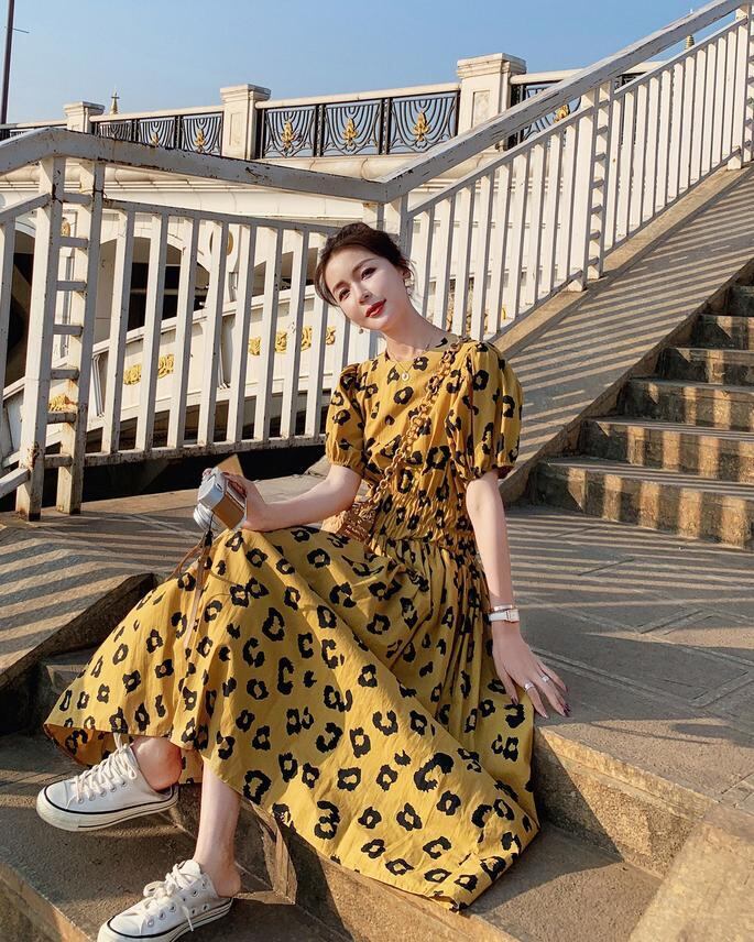 ヒョウ柄 ドレス ブルー イエロー フレアー 人気 夏 インスタ