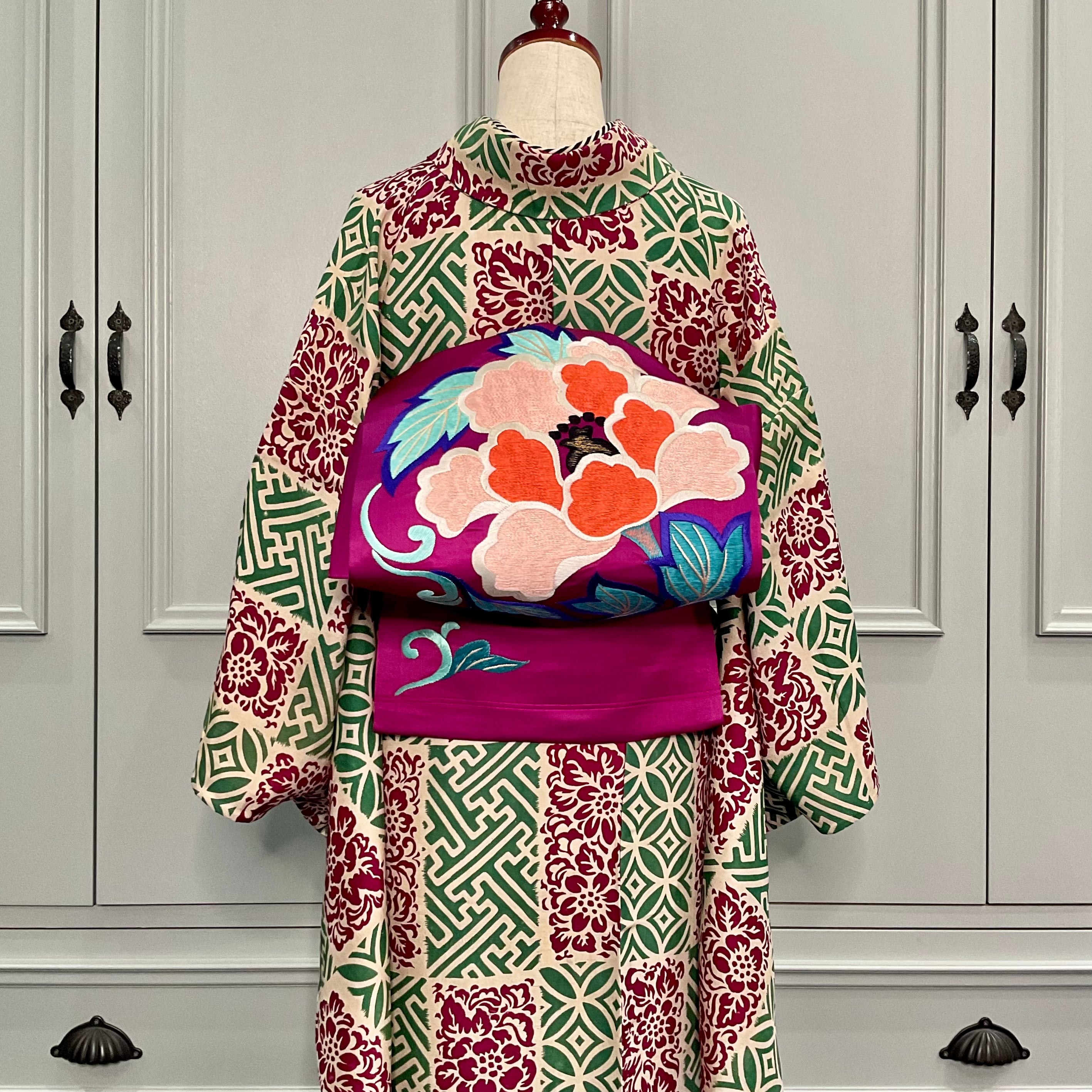 Auspicious＊単衣 紗綾形 七宝 吉祥文様 市松模様 花 グリーン プラム