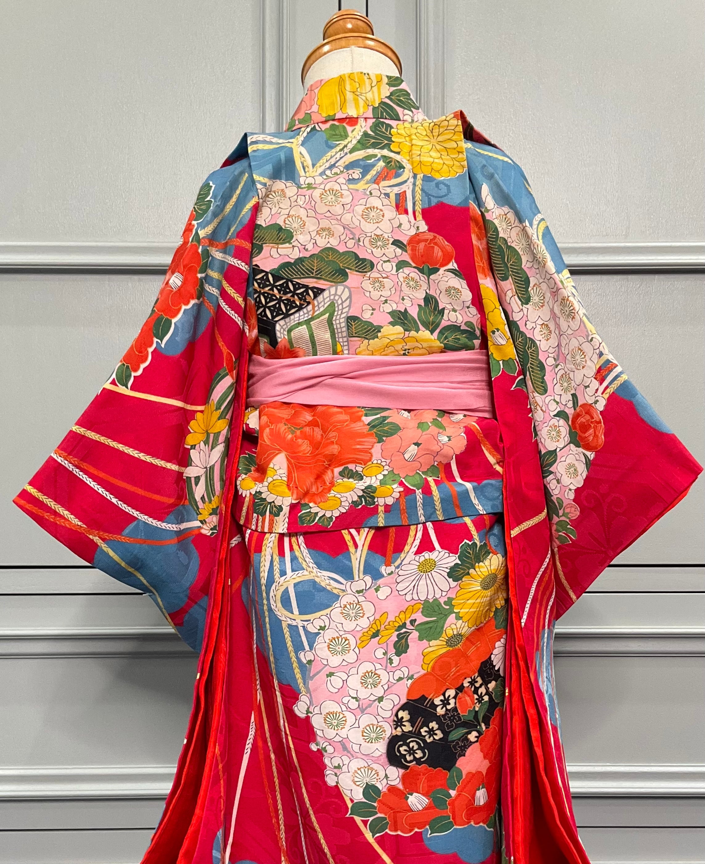 三歳 七五三＊水色×赤 花薬玉＊アンティーク子供着物 A370 | kimono tento