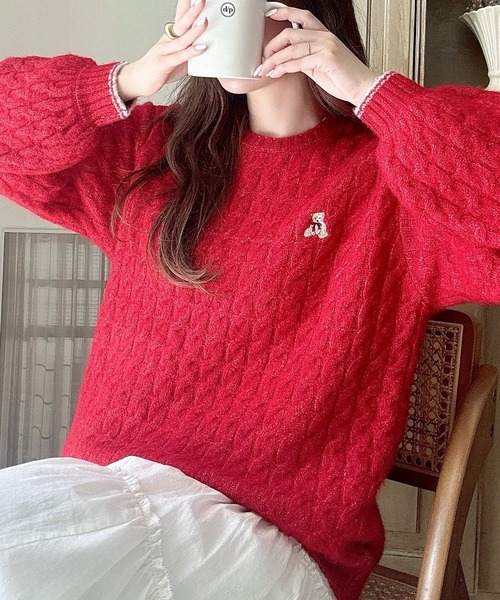 セール】【着丈が選べる】くま刺繍ケーブルニット（ニット/セーター