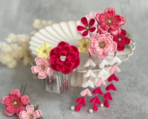 つまみ細工 七五三かんざしセット（3歳さん向け）チェリーピンク 黄色