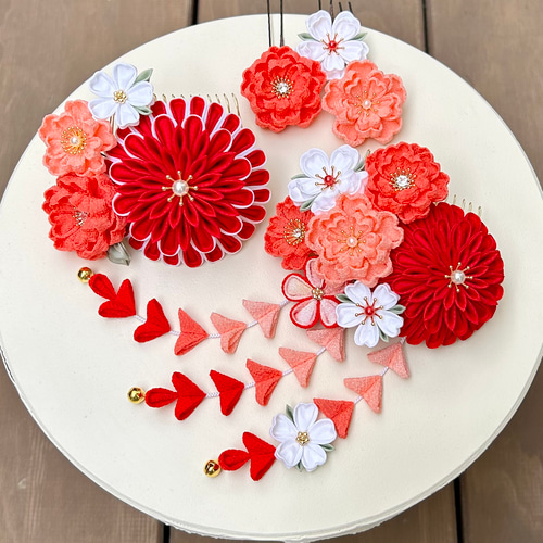 つまみ細工髪飾りset 赤×コーラルピンク 紅白 *七五三 *成人式 *卒業式