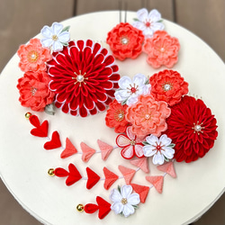 つまみ細工髪飾りset 赤×コーラルピンク 紅白 *七五三 *成人式 *卒業式