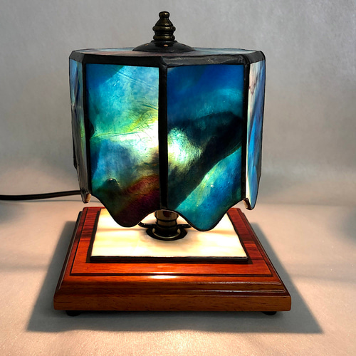 ステンドグラスランプ（アクアブルー&パープルonホワイト ）八角型