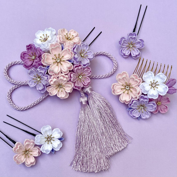 つまみ細工 桜の髪飾りset ピンク×ラベンダー 藤色 *七五三*成人式