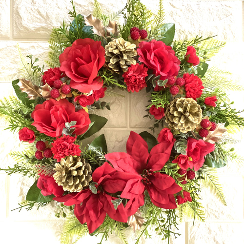 クリスマスリース 40cm 赤 ポインセチア Xmas アーティフィシャル