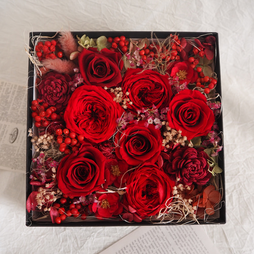 SUMMER SALE】赤バラのプリザーブドフラワー ボックスアレンジ box