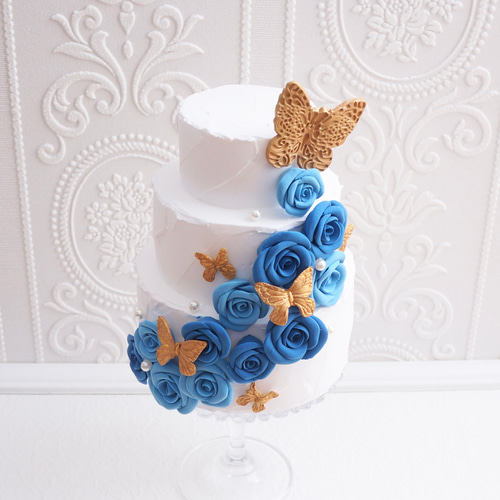 蝶々とバラのクレイケーキ✳︎ブルー＊色変更可＊フェイクケーキ＊推し