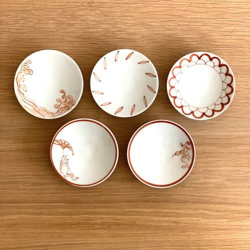 京焼・清水焼】京都 水野春陽窯 上絵 赤絵 豆皿（鳥獣戯画、波、種、花